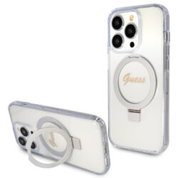 Husa Guess iPhone 15 Pro Max Ring Stand Script Glitter MagSafe, transparenta, GUHMP15XHRSGSD