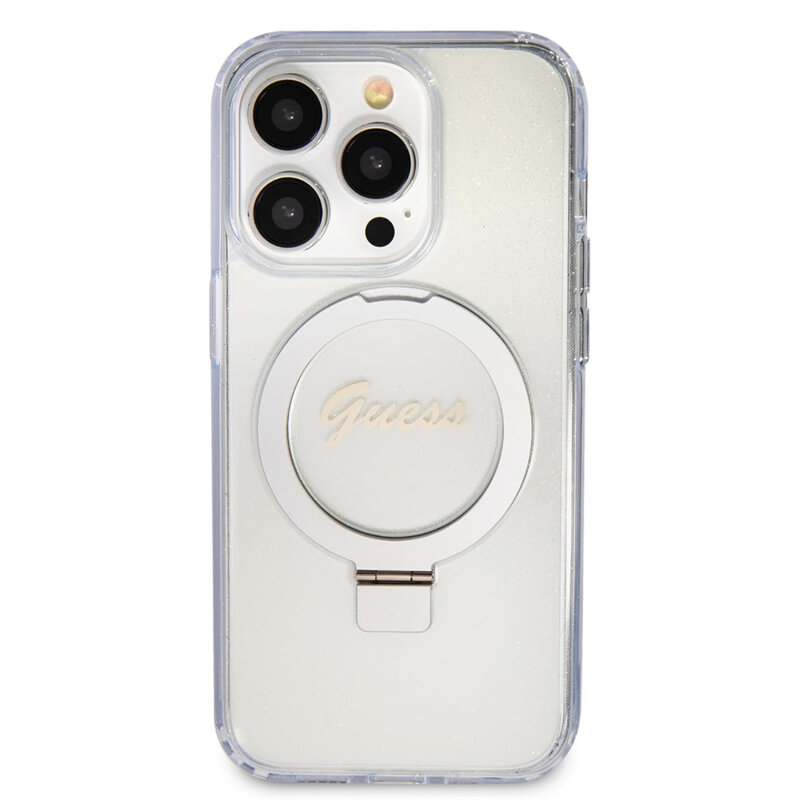 Husa Guess iPhone 15 Pro Max Ring Stand Script Glitter MagSafe, transparenta, GUHMP15XHRSGSD