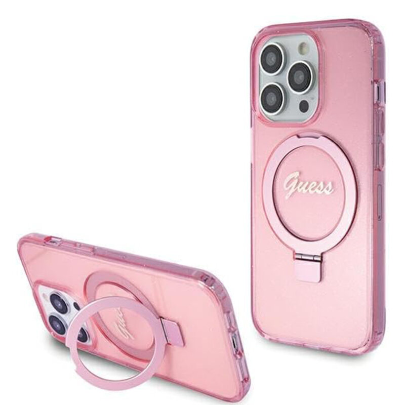 Husa Guess iPhone 15 Pro Ring Stand Script Glitter MagSafe, roz, GUHMP15LHRSGSP