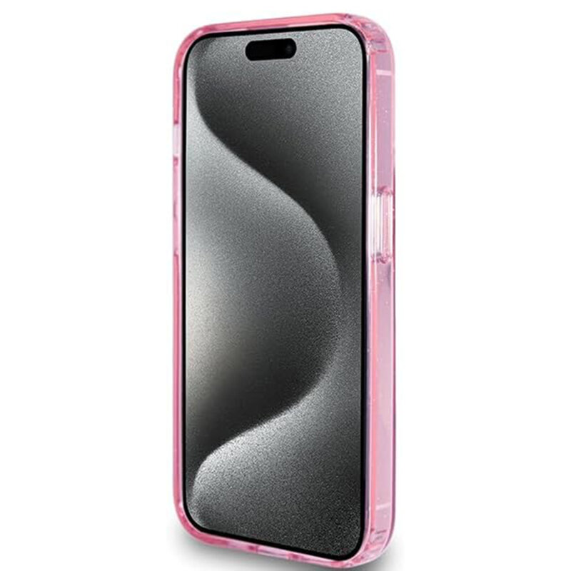 Husa Guess iPhone 15 Pro Ring Stand Script Glitter MagSafe, roz, GUHMP15LHRSGSP