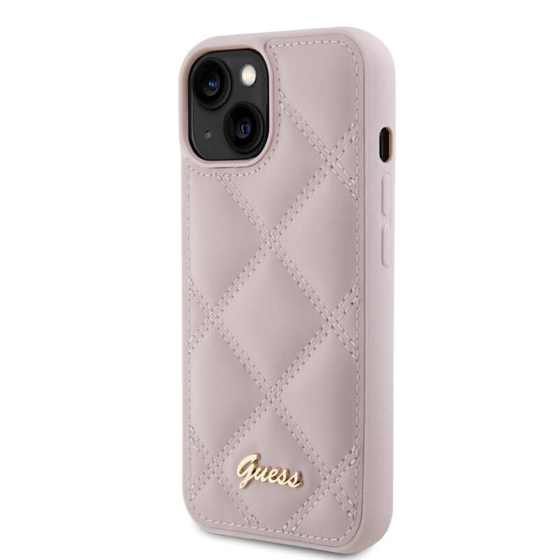 Husa originala Guess Quilted Metal Logo iPhone 15, roz, GUHCP15SPSQSQSP