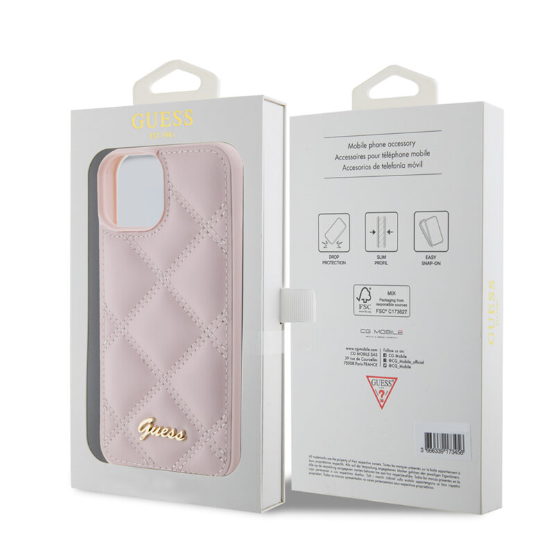Husa originala Guess Quilted Metal Logo iPhone 15, roz, GUHCP15SPSQSQSP