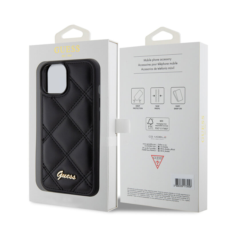 Husa originala Guess Quilted Metal Logo iPhone 15, negru, GUHCP15SPSQSQSK