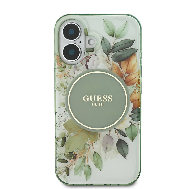 Husa iPhone 16 originala Guess IML Flower & Tonal Circle MagSafe, verde, GUHMP16SHFWBDCEN