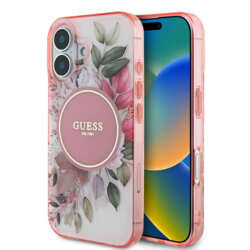 Husa iPhone 16 Plus originala Guess IML Flower & Tonal Circle MagSafe, roz, GUHMP16MHFWBDCEP