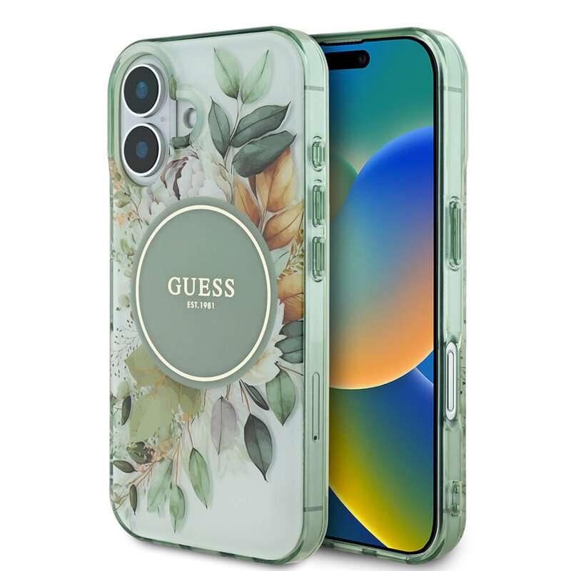 Husa iPhone 16 Plus originala Guess IML Flower & Tonal Circle MagSafe, verde, GUHMP16MHFWBDCEN