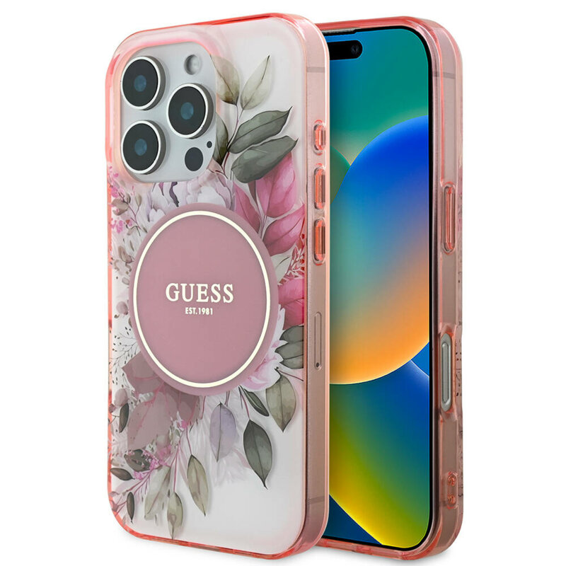 Husa iPhone 16 Pro Max originala Guess IML Flower & Tonal Circle MagSafe, roz, GUHMP16XHFWBDCEP