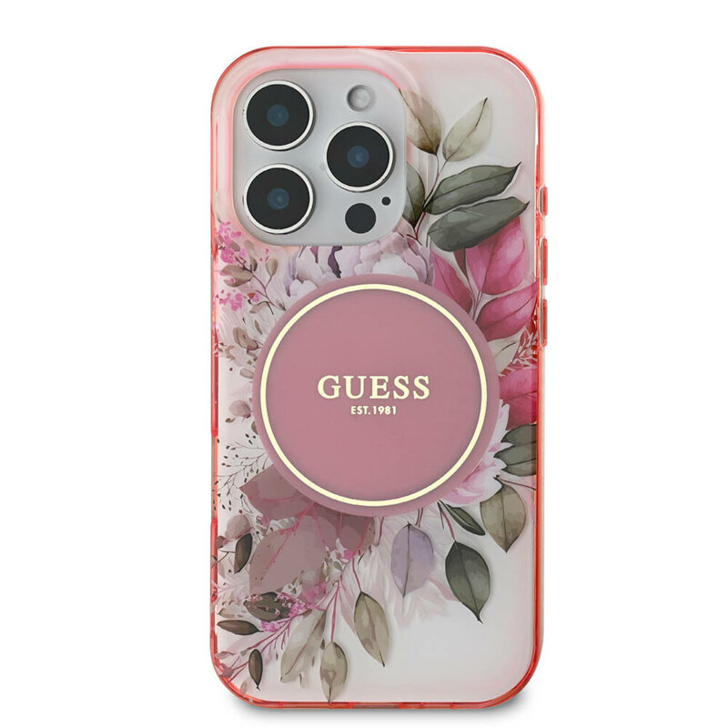 Husa iPhone 16 Pro Max originala Guess IML Flower & Tonal Circle MagSafe, roz, GUHMP16XHFWBDCEP