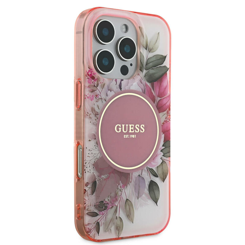Husa iPhone 16 Pro Max originala Guess IML Flower & Tonal Circle MagSafe, roz, GUHMP16XHFWBDCEP