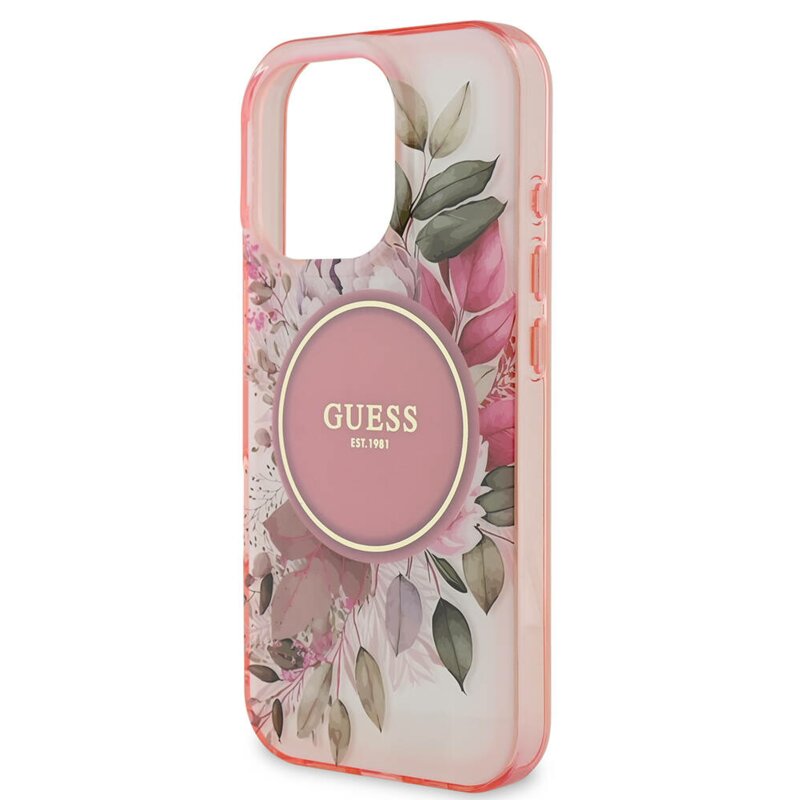 Husa iPhone 16 Pro Max originala Guess IML Flower & Tonal Circle MagSafe, roz, GUHMP16XHFWBDCEP