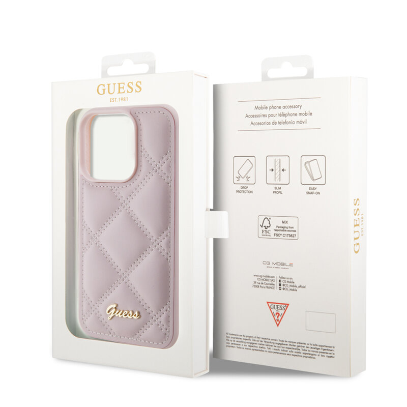 Husa originala Guess Quilted Metal Logo iPhone 15 Pro Max, roz, GUHCP15XPSQSQSP
