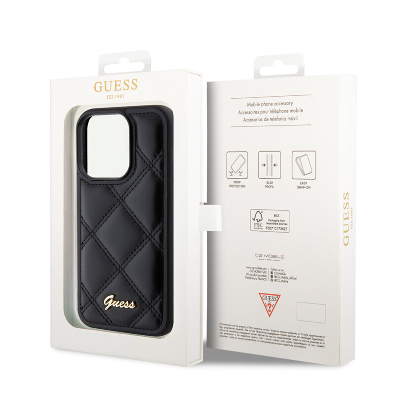 Husa originala Guess Quilted Metal Logo iPhone 15 Pro Max, negru, GUHCP15XPSQSQSK