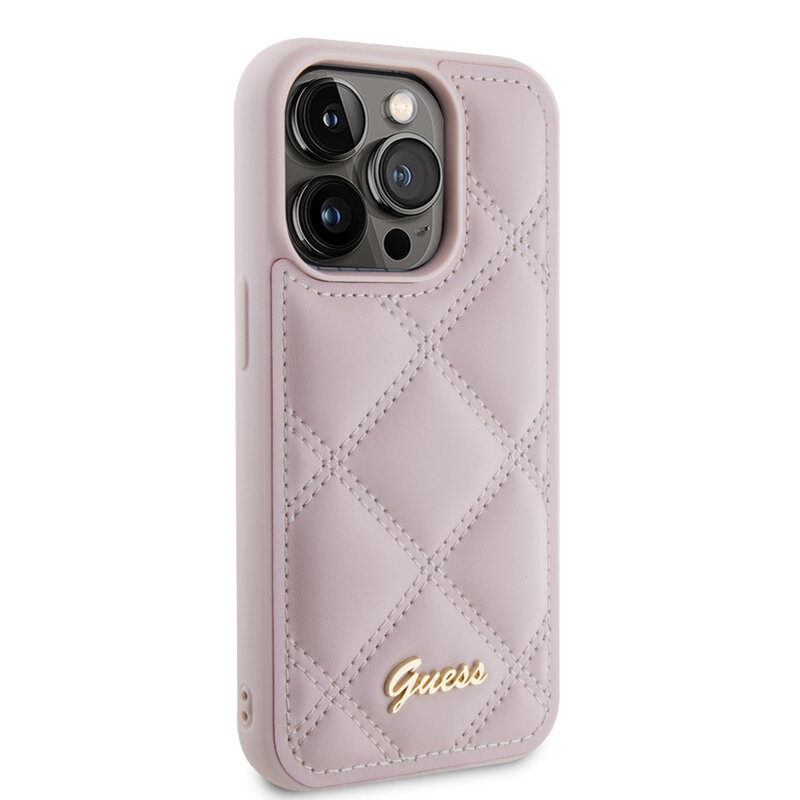 Husa originala Guess Quilted Metal Logo iPhone 15 Pro, roz, GUHCP15LPSQSQSP