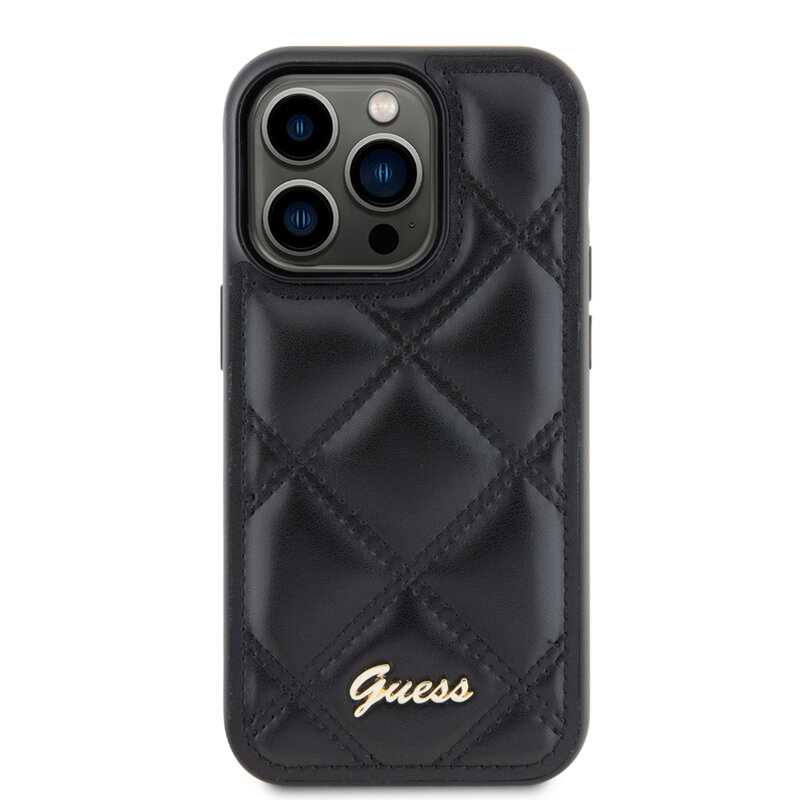 Husa originala Guess Quilted Metal Logo iPhone 15 Pro, negru, GUHCP15LPSQSQSK