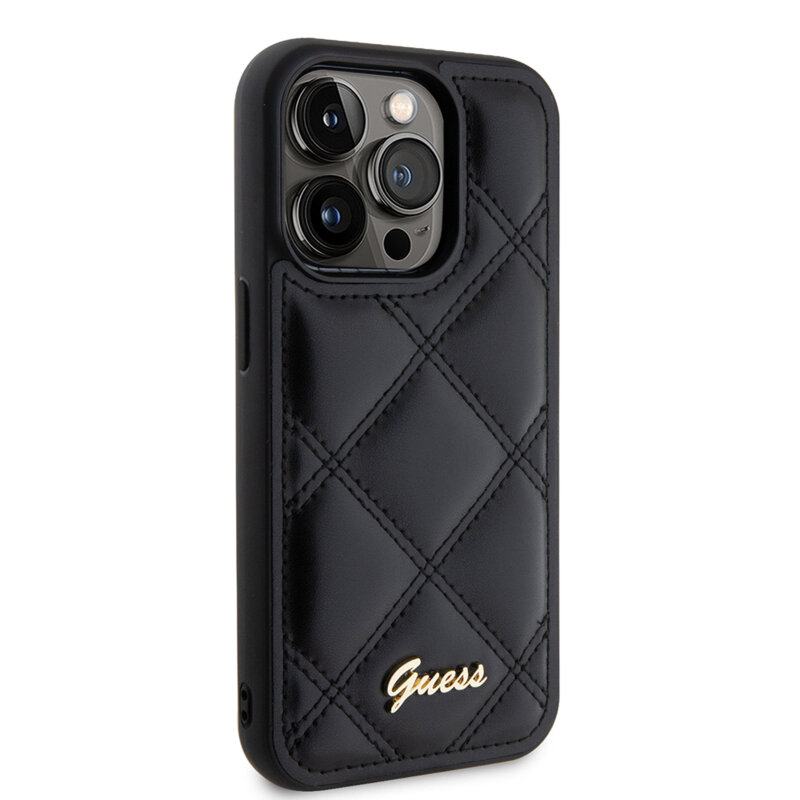 Husa originala Guess Quilted Metal Logo iPhone 15 Pro, negru, GUHCP15LPSQSQSK