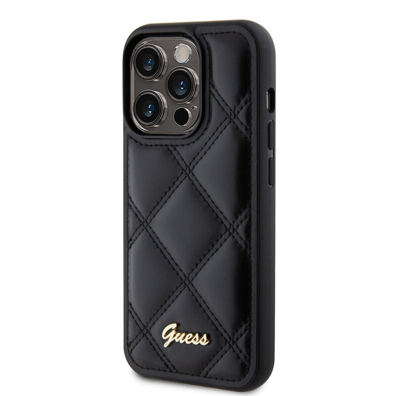 Husa originala Guess Quilted Metal Logo iPhone 15 Pro, negru, GUHCP15LPSQSQSK