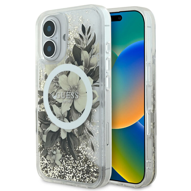 Husa Guess iPhone 16 Liquid Glitter Flower MagSafe, bej, GUHMP16SLFMWTE