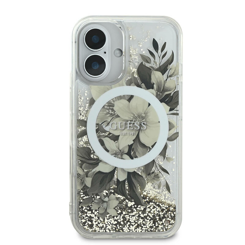 Husa Guess iPhone 16 Liquid Glitter Flower MagSafe, bej, GUHMP16SLFMWTE