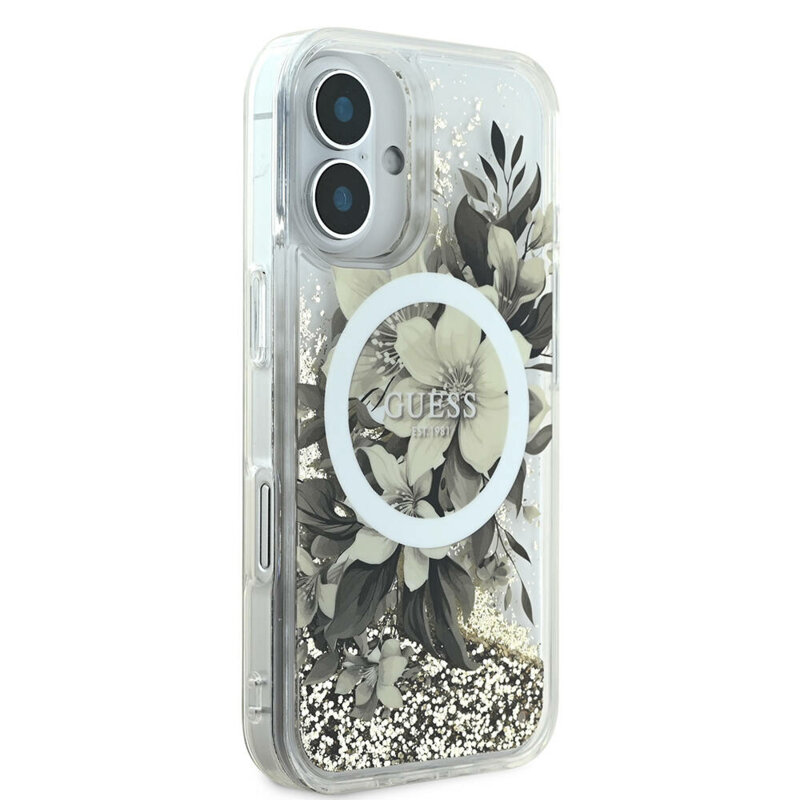 Husa Guess iPhone 16 Liquid Glitter Flower MagSafe, bej, GUHMP16SLFMWTE