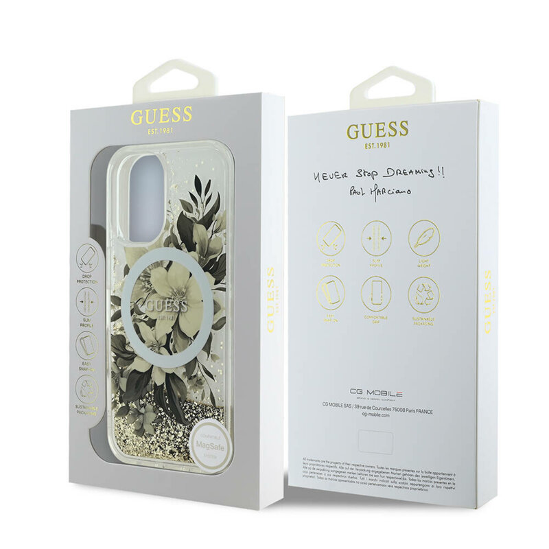 Husa Guess iPhone 16 Liquid Glitter Flower MagSafe, bej, GUHMP16SLFMWTE