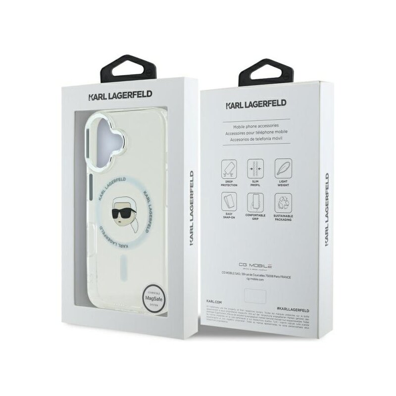 Husa iPhone 16 Plus Karl Lagerfeld IML MagSafe, Karl`s Head, alb, KLHMP16MHLSKIH