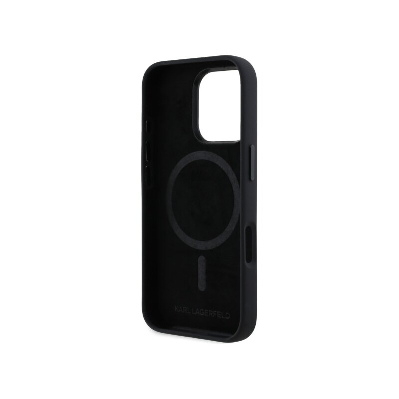 Husa Karl Lagerfeld iPhone 16 Pro Silicone MagSafe, Shadow Metal Initial, negru, KLHMP16LSCMKMPCK