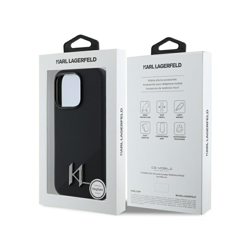 Husa Karl Lagerfeld iPhone 16 Pro Silicone MagSafe, Shadow Metal Initial, negru, KLHMP16LSCMKMPCK