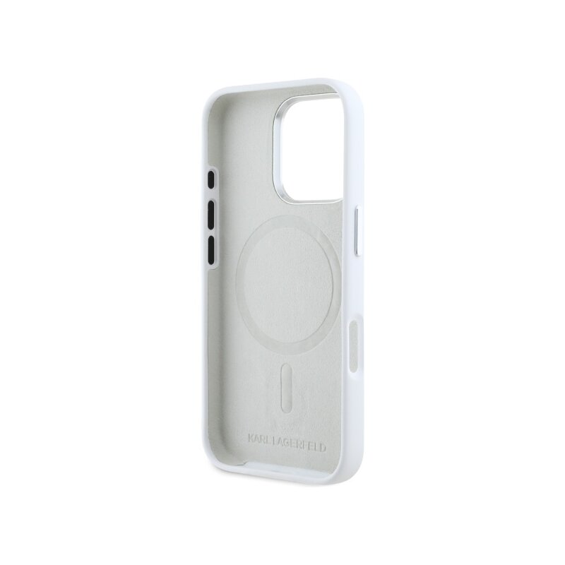 Husa Karl Lagerfeld iPhone 16 Pro Silicone MagSafe, Shadow Metal Initial, alb, KLHMP16LSCMKMPCH