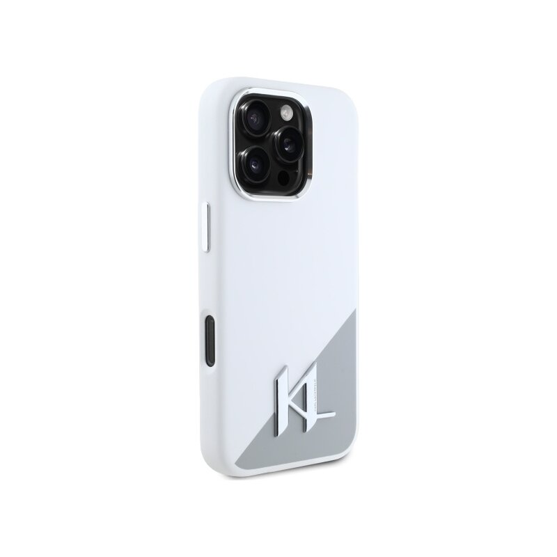 Husa Karl Lagerfeld iPhone 16 Pro Silicone MagSafe, Shadow Metal Initial, alb, KLHMP16LSCMKMPCH