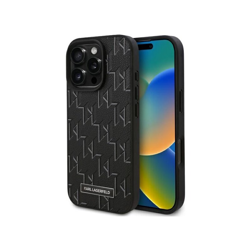 Husa iPhone 16 Pro Karl Lagerfeld Leather MagSafe, Monogram Metal Logo, negru, KLHMP16LPKHPORPK