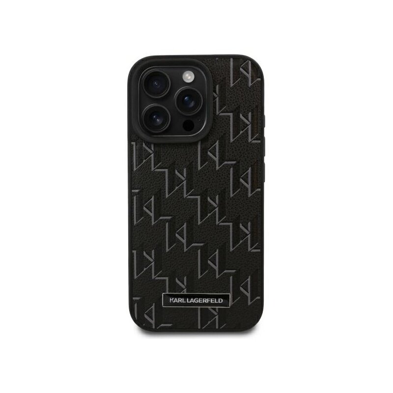 Husa iPhone 16 Pro Karl Lagerfeld Leather MagSafe, Monogram Metal Logo, negru, KLHMP16LPKHPORPK
