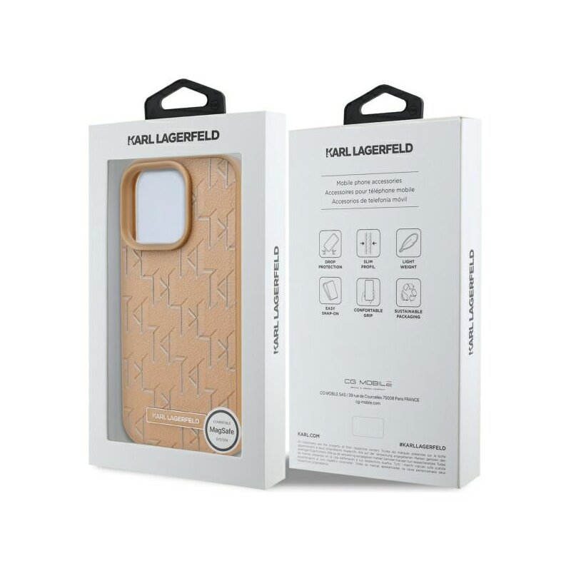 Husa iPhone 16 Pro Karl Lagerfeld Leather MagSafe, Monogram Metal Logo, bej, KLHMP16LPKHPORPE