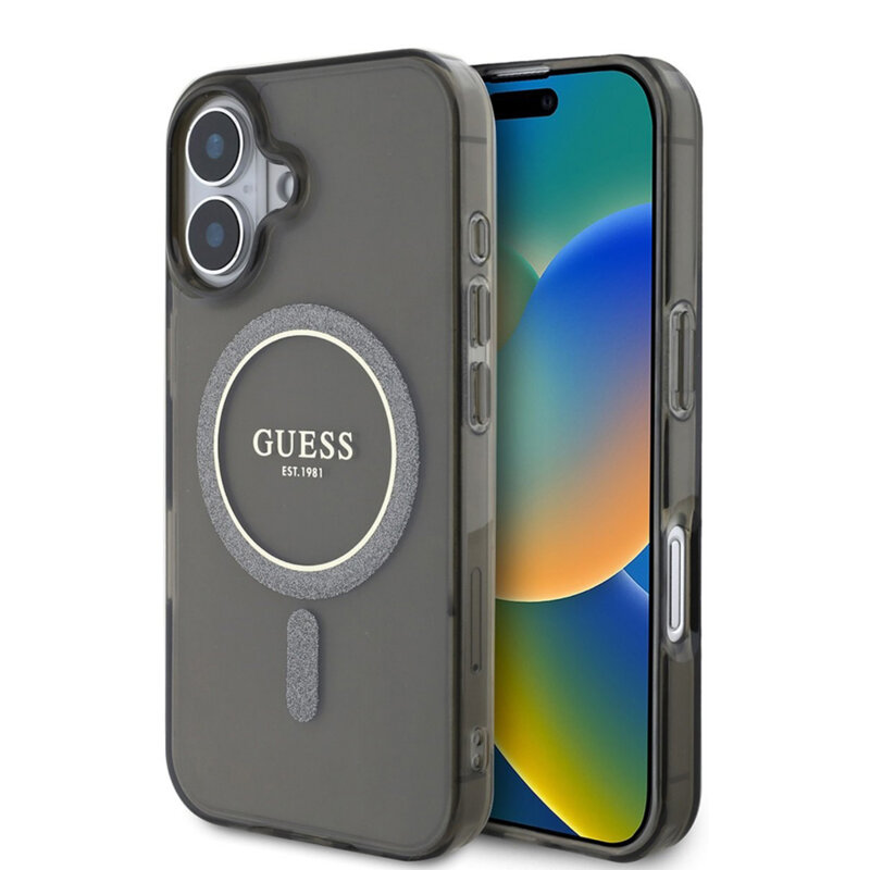 Husa iPhone 16 originala Guess IML Glitter Circle MagSafe, negru, GUHMP16SHFGEREK