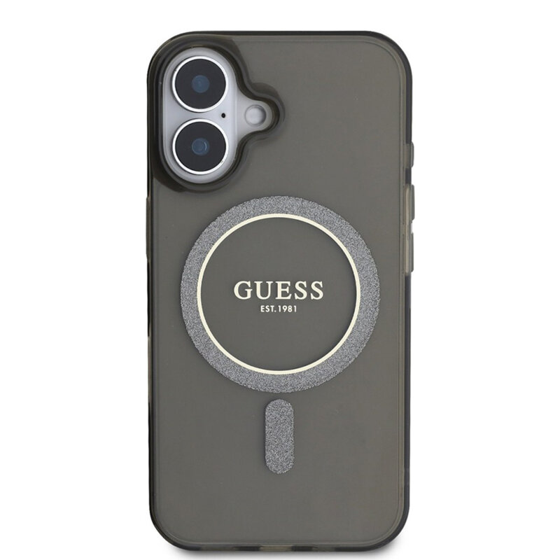 Husa iPhone 16 originala Guess IML Glitter Circle MagSafe, negru, GUHMP16SHFGEREK