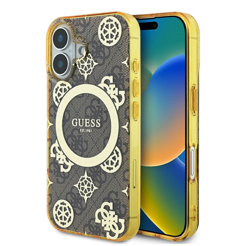 Husa iPhone 16 originala Guess IML Peony On 4G Background MagSafe, maro, GUHMP16SH4PYEEW