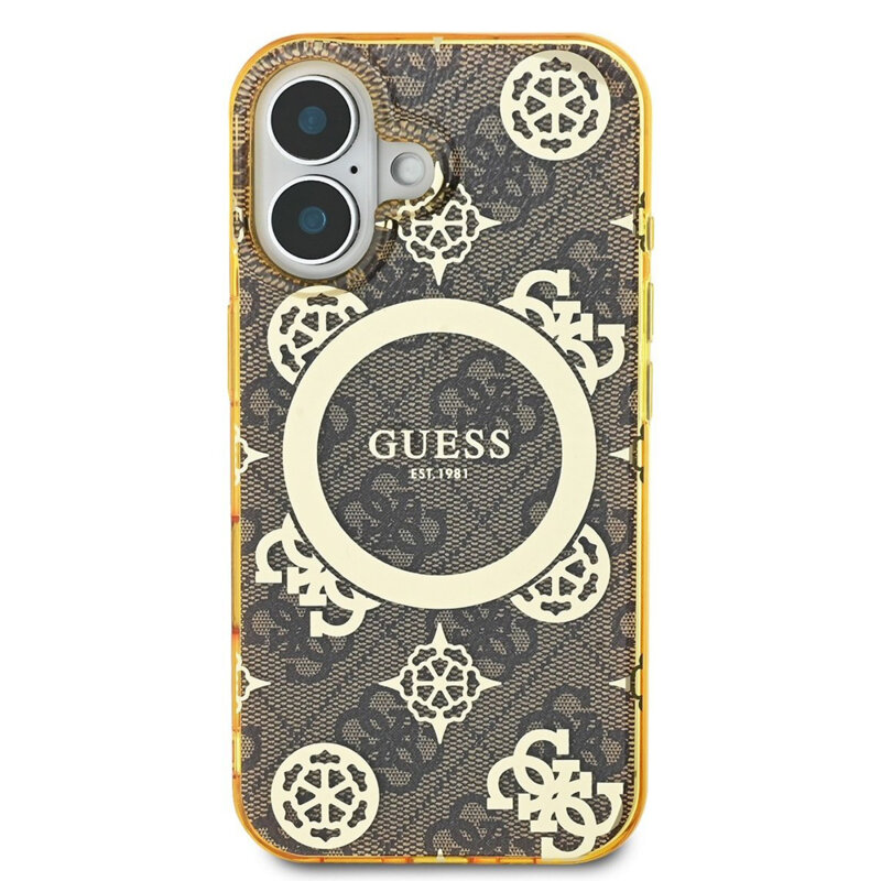 Husa iPhone 16 originala Guess IML Peony On 4G Background MagSafe, maro, GUHMP16SH4PYEEW