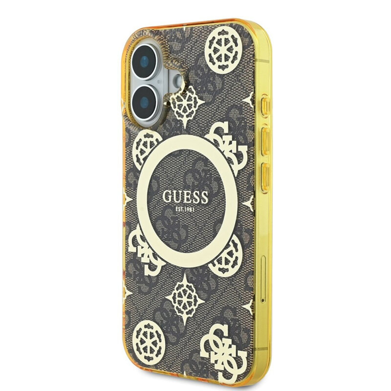 Husa iPhone 16 originala Guess IML Peony On 4G Background MagSafe, maro, GUHMP16SH4PYEEW