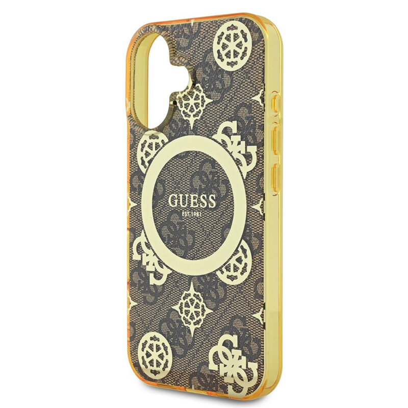 Husa iPhone 16 originala Guess IML Peony On 4G Background MagSafe, maro, GUHMP16SH4PYEEW
