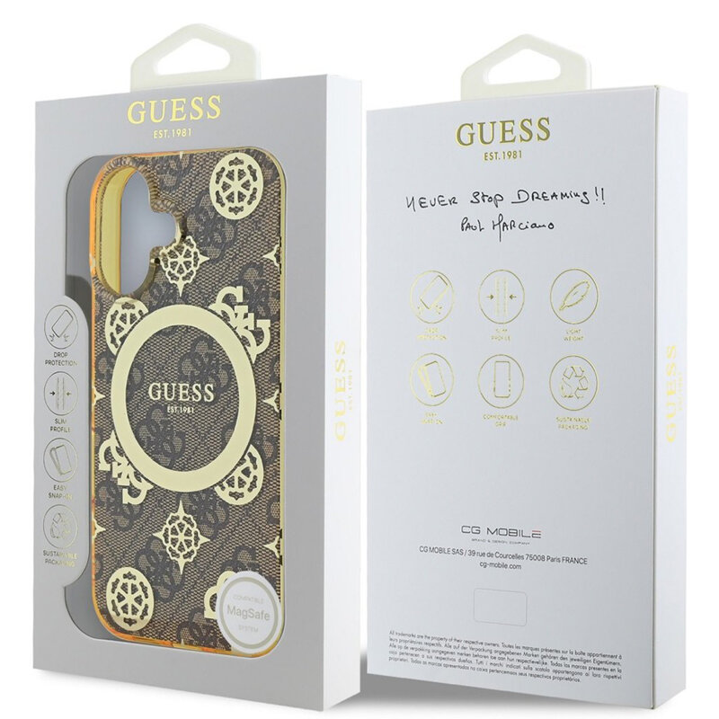 Husa iPhone 16 originala Guess IML Peony On 4G Background MagSafe, maro, GUHMP16SH4PYEEW