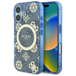 Husa iPhone 16 originala Guess IML Peony On 4G Background MagSafe, albastru, GUHMP16SH4PYEEB