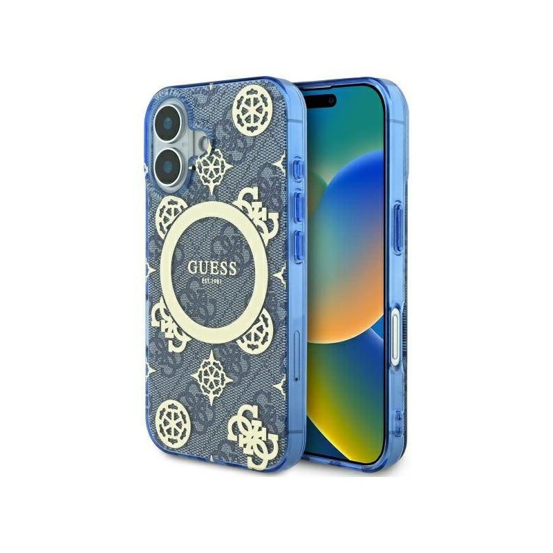 Husa iPhone 16 originala Guess IML Peony On 4G Background MagSafe, albastru, GUHMP16SH4PYEEB
