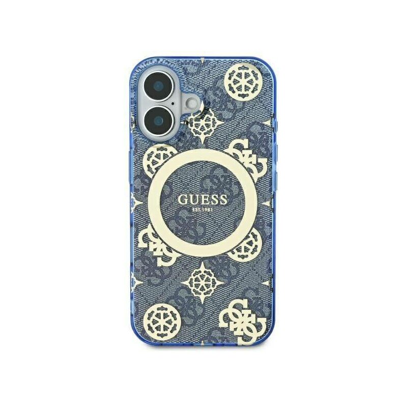 Husa iPhone 16 originala Guess IML Peony On 4G Background MagSafe, albastru, GUHMP16SH4PYEEB