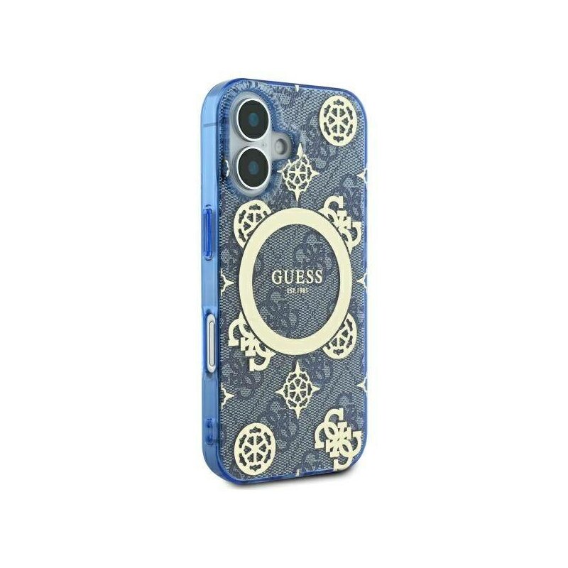 Husa iPhone 16 originala Guess IML Peony On 4G Background MagSafe, albastru, GUHMP16SH4PYEEB