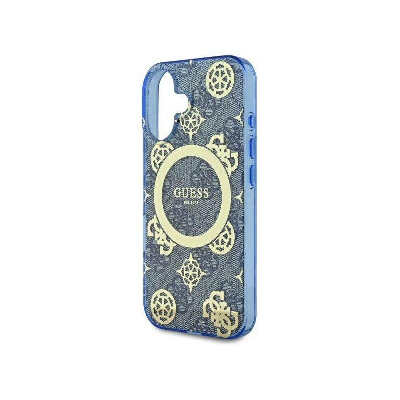Husa iPhone 16 originala Guess IML Peony On 4G Background MagSafe, albastru, GUHMP16SH4PYEEB