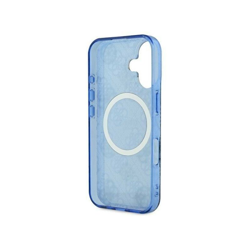 Husa iPhone 16 originala Guess IML Peony On 4G Background MagSafe, albastru, GUHMP16SH4PYEEB