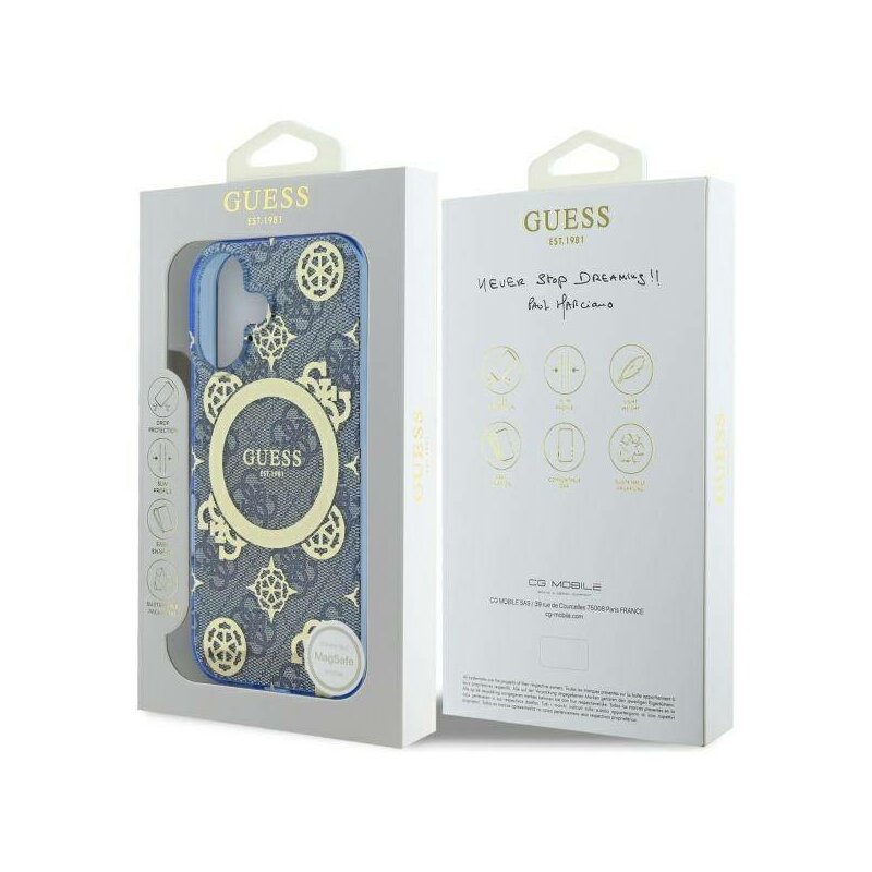 Husa iPhone 16 originala Guess IML Peony On 4G Background MagSafe, albastru, GUHMP16SH4PYEEB