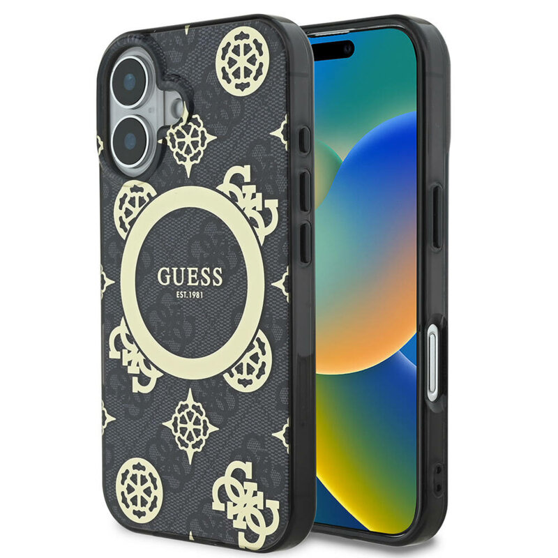 Husa iPhone 16 originala Guess IML Peony On 4G Background MagSafe, negru, GUHMP16SH4PYEEK