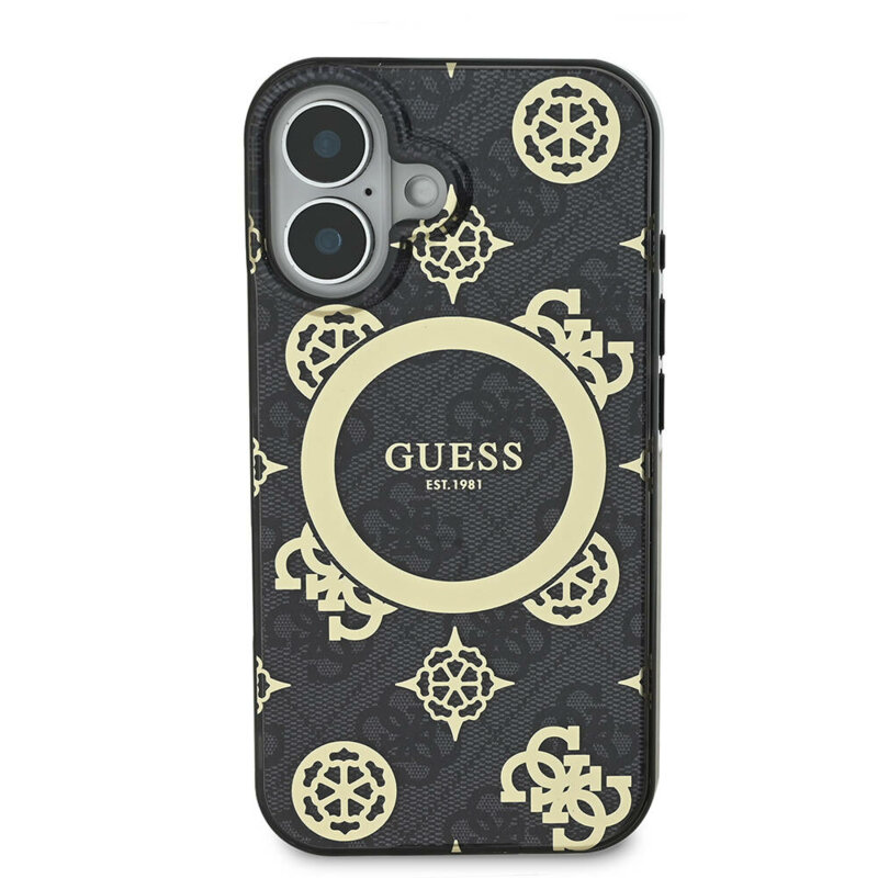 Husa iPhone 16 originala Guess IML Peony On 4G Background MagSafe, negru, GUHMP16SH4PYEEK