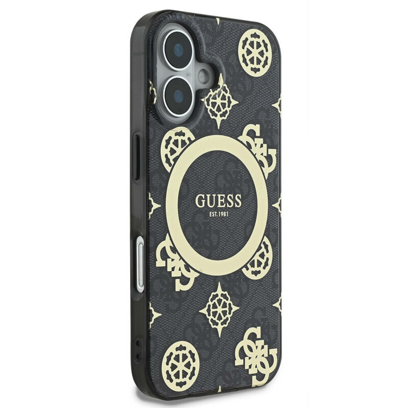 Husa iPhone 16 originala Guess IML Peony On 4G Background MagSafe, negru, GUHMP16SH4PYEEK