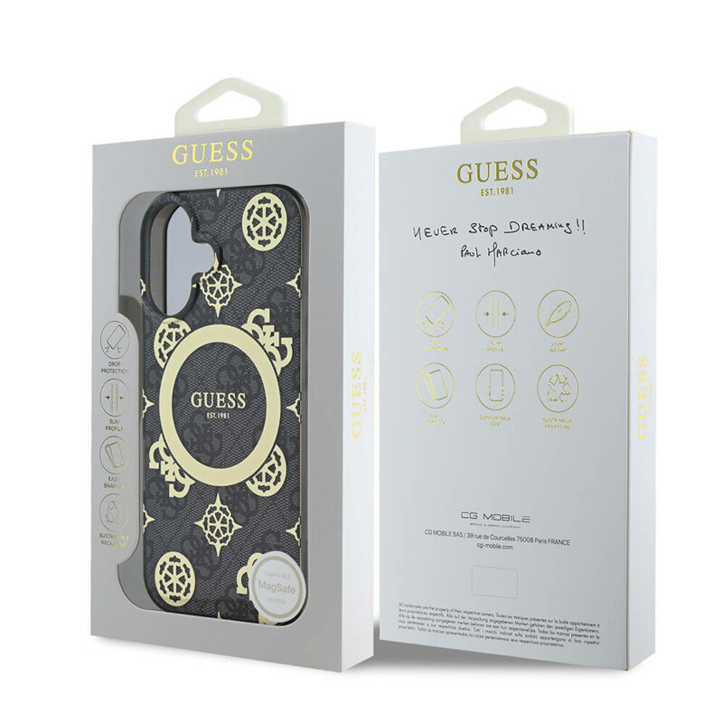 Husa iPhone 16 originala Guess IML Peony On 4G Background MagSafe, negru, GUHMP16SH4PYEEK